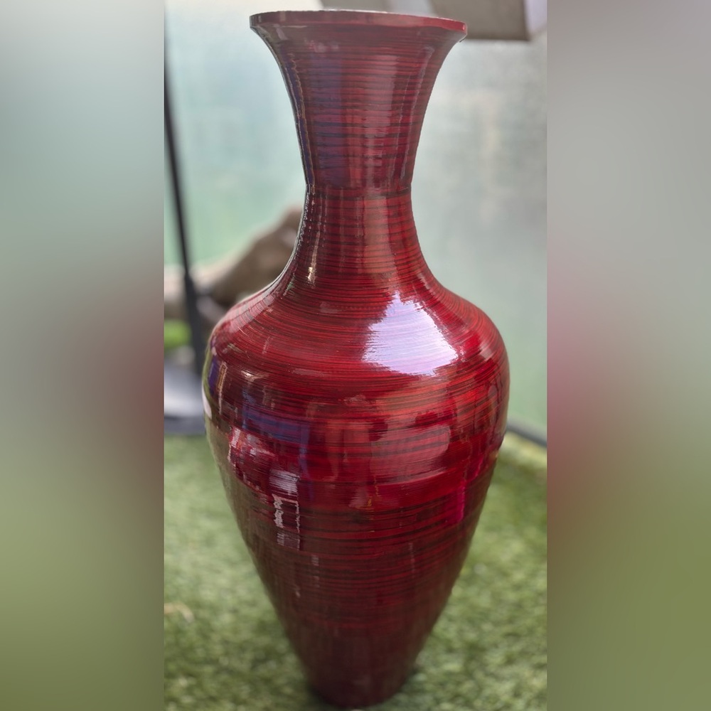 32” Handcrafted Spun Bamboo Red Lacquer Vase Vietnam Large Tall Floor Decor